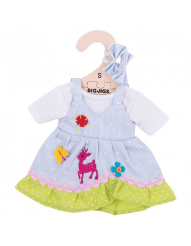 Modré bodkované šaty s jeleňom pre bábiku 28 cm